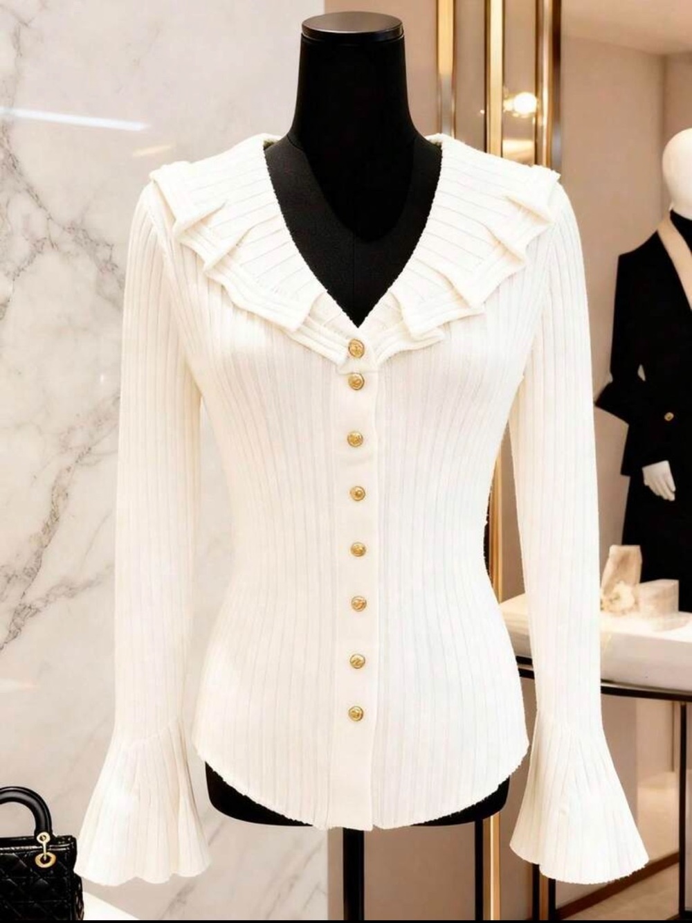 Ribbed V-Neck Ruffle Gold Button-Front Cardigan Sweater - Picture 3 of 6